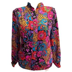 Fiji Sport Women's Silk Blouse M Pleats Vtg Vibrant Elastic Waist Button Up 80s